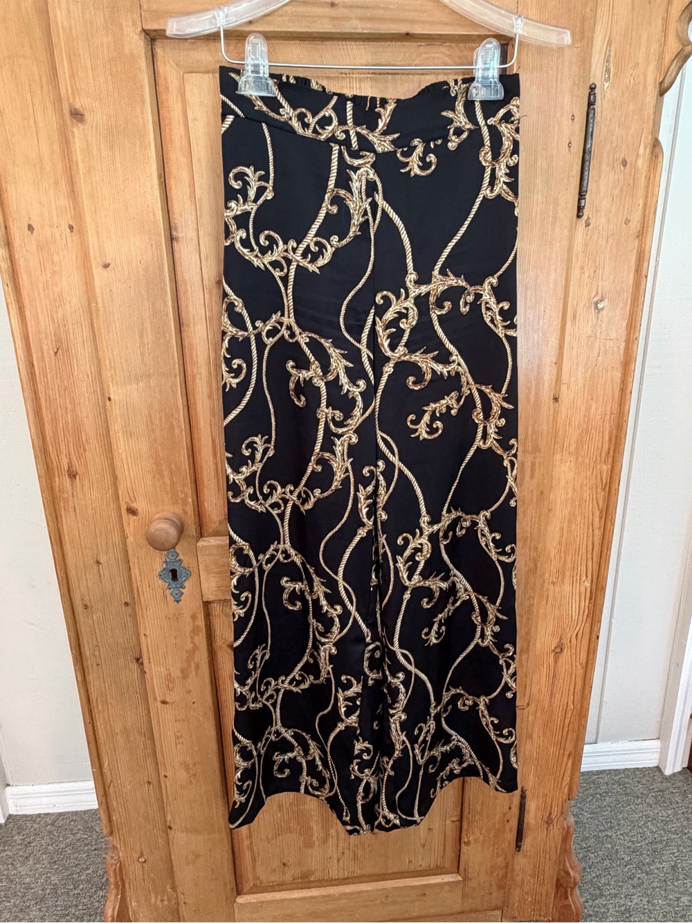 Rachel Zoe Black and Gold Baroque Print Wide Leg Trousers Sz XS